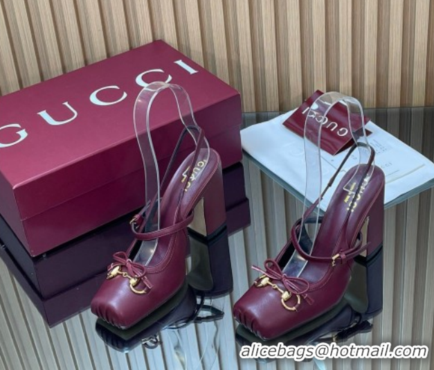 Pretty Style Gucci Horsebit Slingback Pumps 9.5cm in Calf Leather Dark Burgundy 1218032 2026
