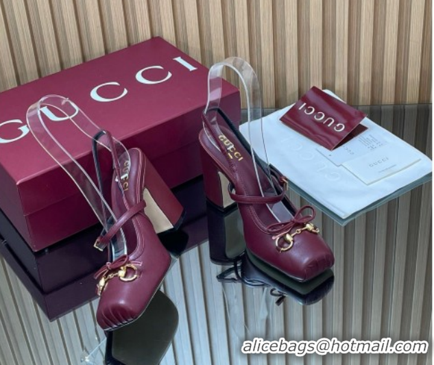 Pretty Style Gucci Horsebit Slingback Pumps 9.5cm in Calf Leather Dark Burgundy 1218032 2026