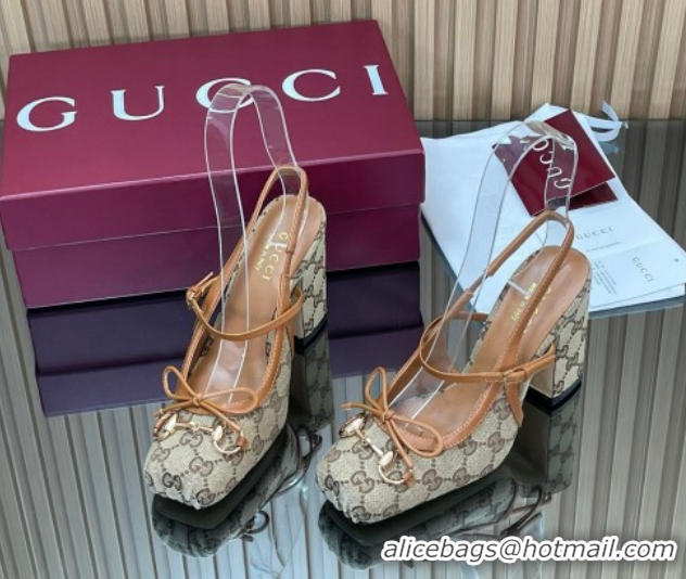 Purchase Gucci Horsebit Slingback Pumps 9.5cm in GG Canvas Beige 850327 1218035 2026