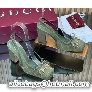 Grade Quality Gucci Horsebit Slingback Pumps 9.5cm in GG Canvas Green 1218036 2026