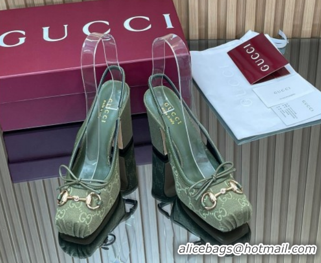 Grade Quality Gucci Horsebit Slingback Pumps 9.5cm in GG Canvas Green 1218036 2026