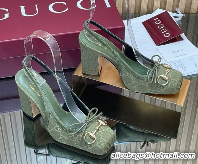 Grade Quality Gucci Horsebit Slingback Pumps 9.5cm in GG Canvas Green 1218036 2026