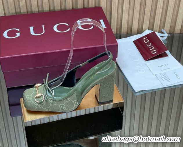 Grade Quality Gucci Horsebit Slingback Pumps 9.5cm in GG Canvas Green 1218036 2026
