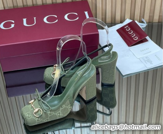 Grade Quality Gucci Horsebit Slingback Pumps 9.5cm in GG Canvas Green 1218036 2026