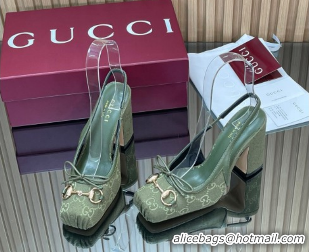 Grade Quality Gucci Horsebit Slingback Pumps 9.5cm in GG Canvas Green 1218036 2026