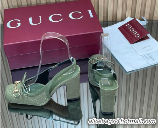 Grade Quality Gucci Horsebit Slingback Pumps 9.5cm in GG Canvas Green 1218036 2026