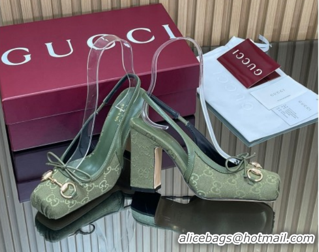 Grade Quality Gucci Horsebit Slingback Pumps 9.5cm in GG Canvas Green 1218036 2026