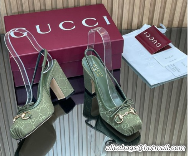 Grade Quality Gucci Horsebit Slingback Pumps 9.5cm in GG Canvas Green 1218036 2026