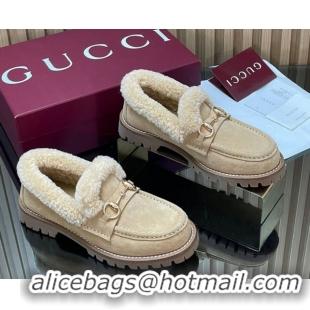 Classic Hot Gucci Wool and Suede Loafers with Horsebit Beige 1218037 2026
