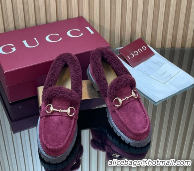 Shop Cheap Gucci Wool and Suede Loafers with Horsebit Burgundy 1218039 2026