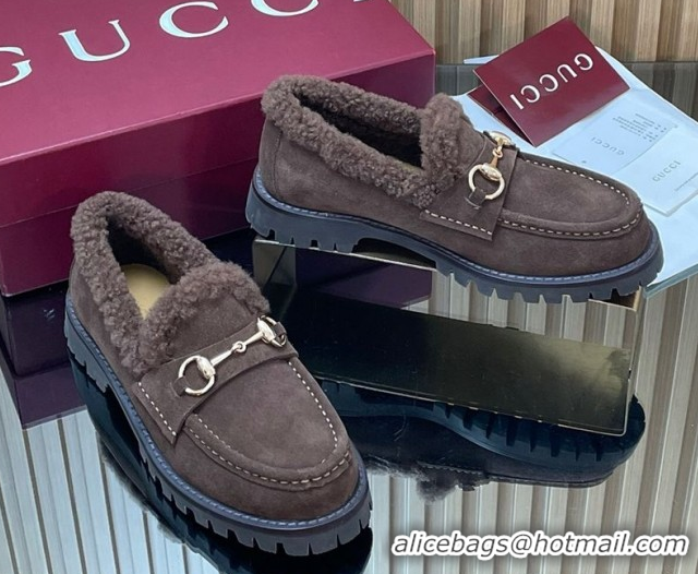 Luxury Gucci Wool and Suede Loafers with Horsebit Chocolate Brown 1218040 2026