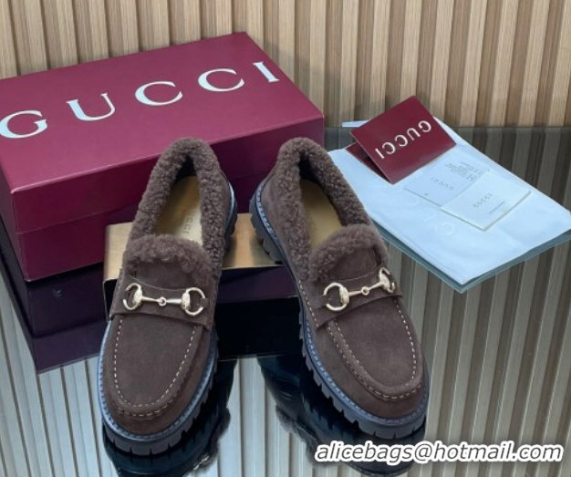 Luxury Gucci Wool and Suede Loafers with Horsebit Chocolate Brown 1218040 2026