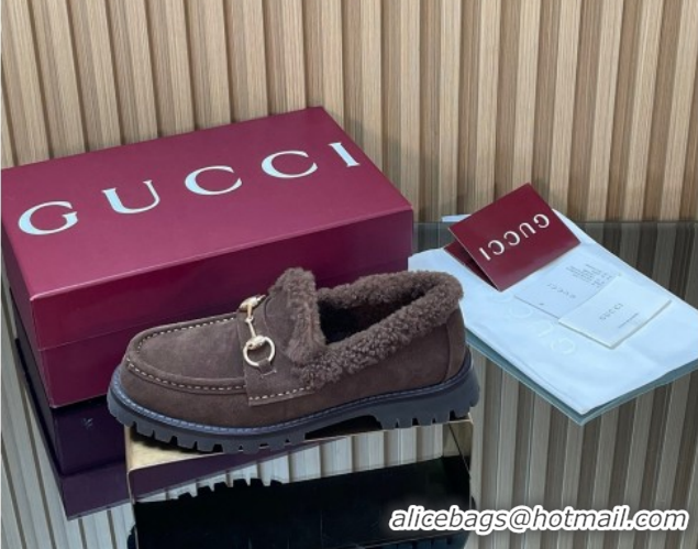 Luxury Gucci Wool and Suede Loafers with Horsebit Chocolate Brown 1218040 2026
