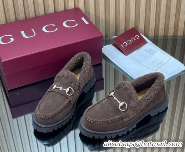 Luxury Gucci Wool and Suede Loafers with Horsebit Chocolate Brown 1218040 2026