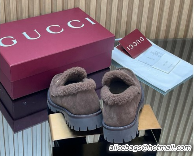 Luxury Gucci Wool and Suede Loafers with Horsebit Chocolate Brown 1218040 2026
