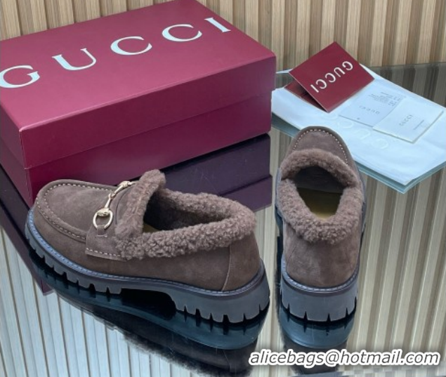 Luxury Gucci Wool and Suede Loafers with Horsebit Chocolate Brown 1218040 2026