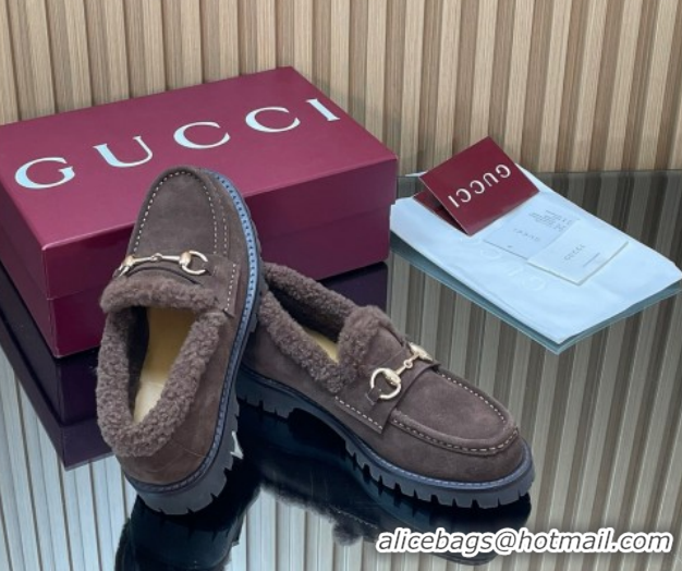 Luxury Gucci Wool and Suede Loafers with Horsebit Chocolate Brown 1218040 2026