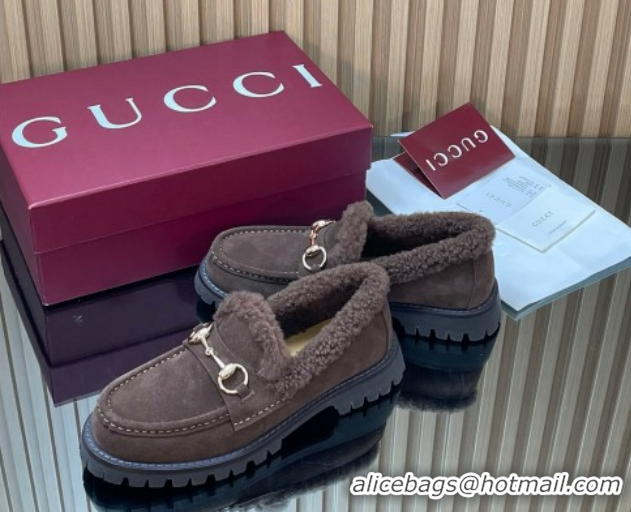 Luxury Gucci Wool and Suede Loafers with Horsebit Chocolate Brown 1218040 2026