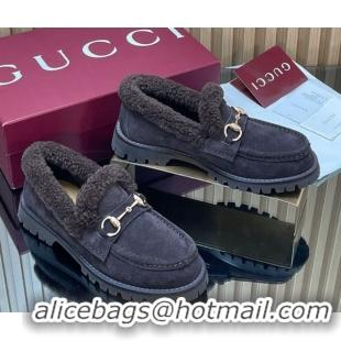 Top Design Gucci Wool and Suede Loafers with Horsebit Dark Brown 1218041 2026
