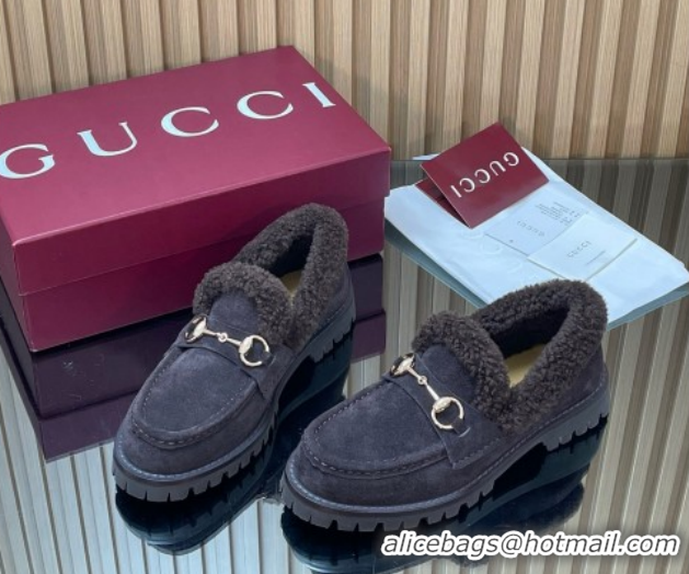 Top Design Gucci Wool and Suede Loafers with Horsebit Dark Brown 1218041 2026