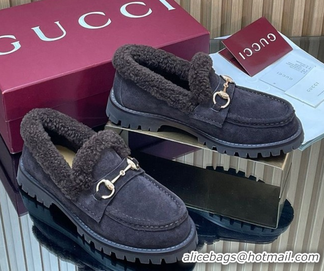 Top Design Gucci Wool and Suede Loafers with Horsebit Dark Brown 1218041 2026