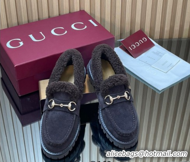 Top Design Gucci Wool and Suede Loafers with Horsebit Dark Brown 1218041 2026