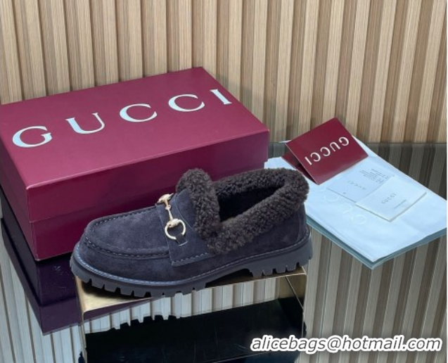 Top Design Gucci Wool and Suede Loafers with Horsebit Dark Brown 1218041 2026