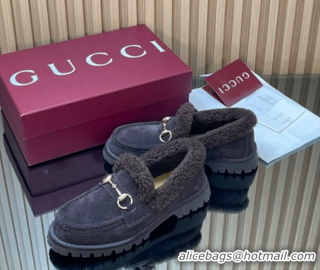 Top Design Gucci Wool and Suede Loafers with Horsebit Dark Brown 1218041 2026