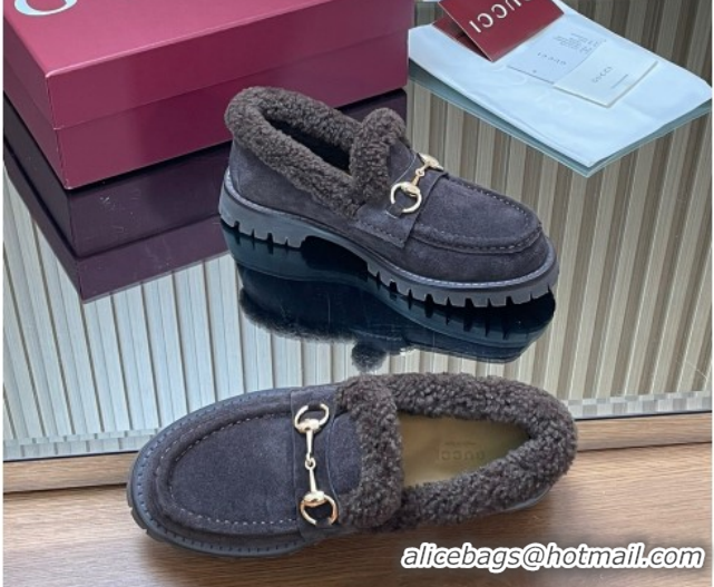 Top Design Gucci Wool and Suede Loafers with Horsebit Dark Brown 1218041 2026