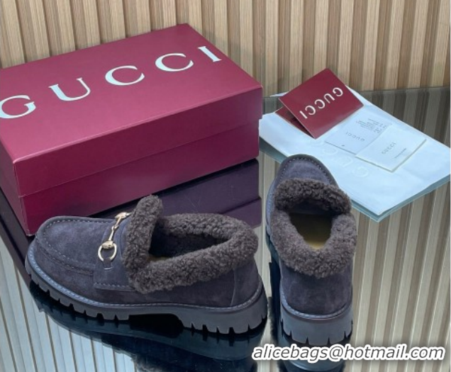 Top Design Gucci Wool and Suede Loafers with Horsebit Dark Brown 1218041 2026