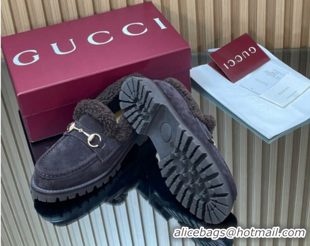 Top Design Gucci Wool and Suede Loafers with Horsebit Dark Brown 1218041 2026