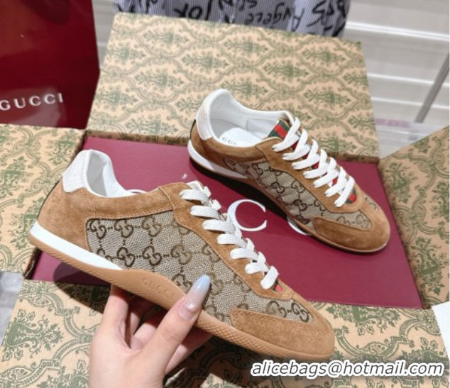 Top Grade Gucci Shift Sneakers in GG Canvas and Suede Beige/Brown 1218053 2026