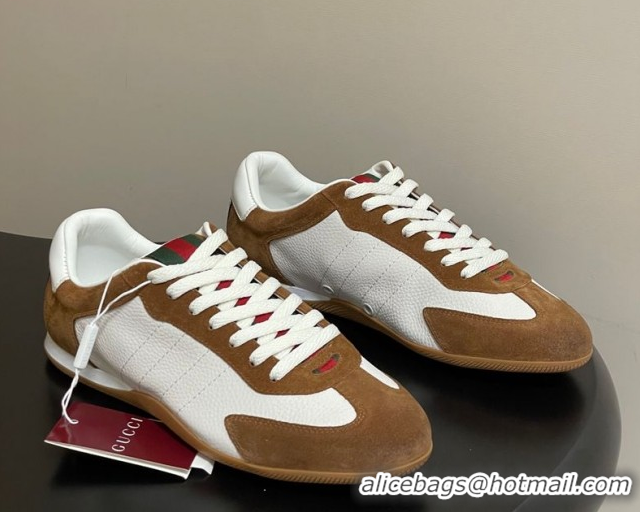 Shop Duplicate Gucci Shift Sneakers in Suede and Leather White/Brown 1218055 2026