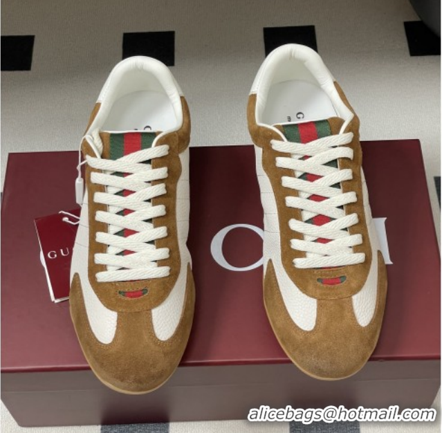Shop Duplicate Gucci Shift Sneakers in Suede and Leather White/Brown 1218055 2026