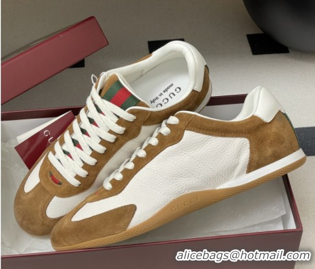 Shop Duplicate Gucci Shift Sneakers in Suede and Leather White/Brown 1218055 2026