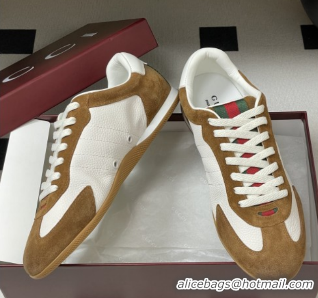 Shop Duplicate Gucci Shift Sneakers in Suede and Leather White/Brown 1218055 2026