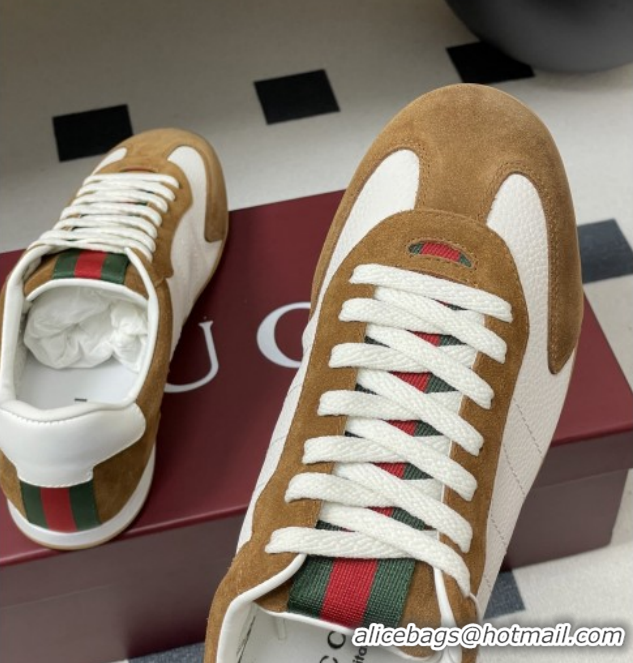 Shop Duplicate Gucci Shift Sneakers in Suede and Leather White/Brown 1218055 2026