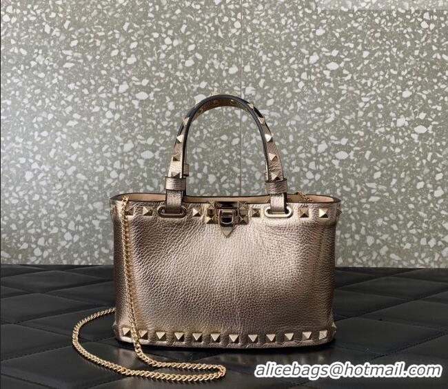 Promotional Valentino Rockstud Mini Shopping Bag In Metallic Grainy Calfskin Leather 0366S Rose Gold 2025