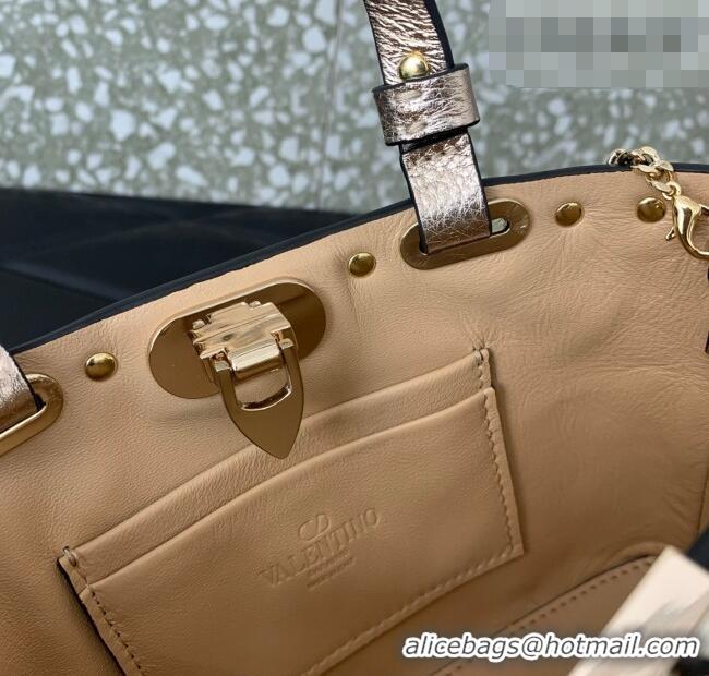 Promotional Valentino Rockstud Mini Shopping Bag In Metallic Grainy Calfskin Leather 0366S Rose Gold 2025