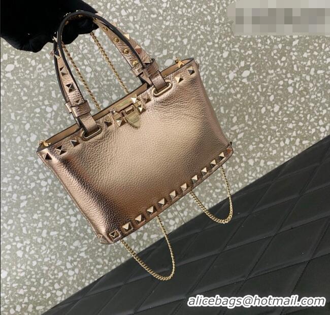 Promotional Valentino Rockstud Mini Shopping Bag In Metallic Grainy Calfskin Leather 0366S Rose Gold 2025