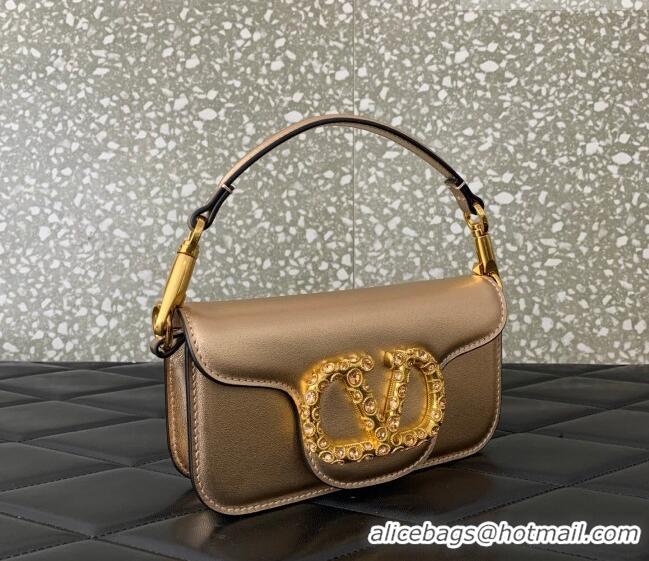 Top Design Valentino Loco Small Shoulder Bag in Laminated Calfskin with Jewel Logo 5061 Rose Gold 2025