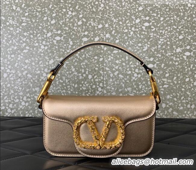 Top Design Valentino Loco Small Shoulder Bag in Laminated Calfskin with Jewel Logo 5061 Rose Gold 2025