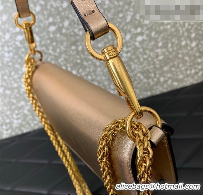 Top Design Valentino Loco Small Shoulder Bag in Laminated Calfskin with Jewel Logo 5061 Rose Gold 2025