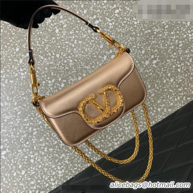 Top Design Valentino Loco Small Shoulder Bag in Laminated Calfskin with Jewel Logo 5061 Rose Gold 2025