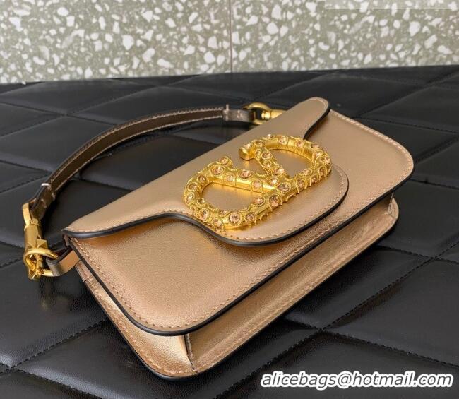 Top Design Valentino Loco Small Shoulder Bag in Laminated Calfskin with Jewel Logo 5061 Rose Gold 2025