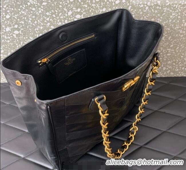 Buy Cheap Valentino Laseine Shopping Bag in V Shiny and Matte Nappa Leather 0084 Black 2026