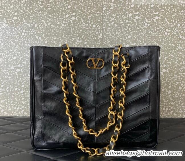 Buy Cheap Valentino Laseine Shopping Bag in V Shiny and Matte Nappa Leather 0084 Black 2026