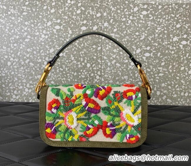 Top Quality Valentino Garavani Locò Small Shoulder Bag In Beads Embroidered Canvas and Suede 5085 Green 2026