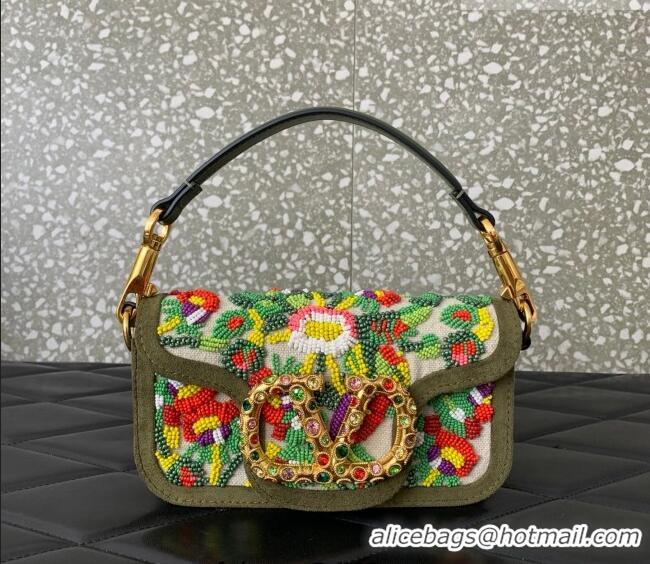 Top Quality Valentino Garavani Locò Small Shoulder Bag In Beads Embroidered Canvas and Suede 5085 Green 2026