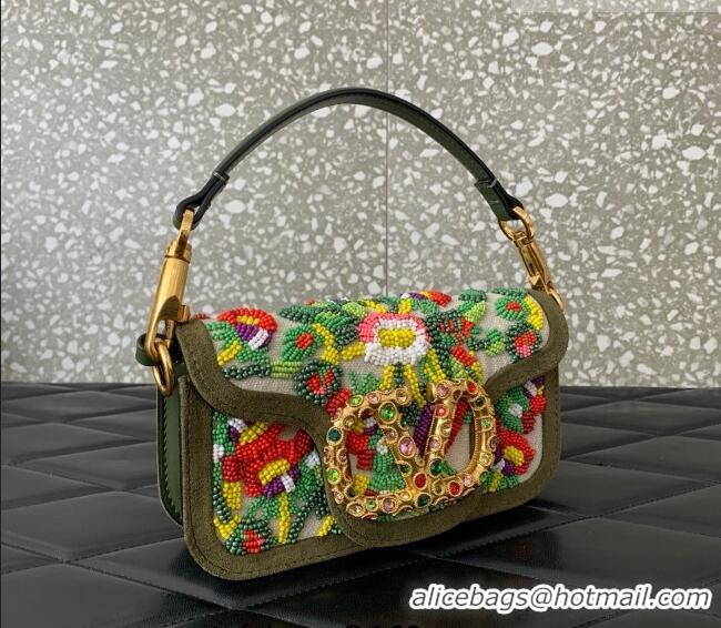 Top Quality Valentino Garavani Locò Small Shoulder Bag In Beads Embroidered Canvas and Suede 5085 Green 2026
